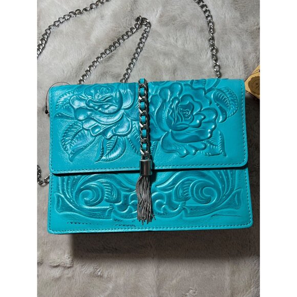 Patricia Nash Aqua Leather Rose Tooled Crossbody Bag With Chain Strap & Tassel - Picture 3 of 16